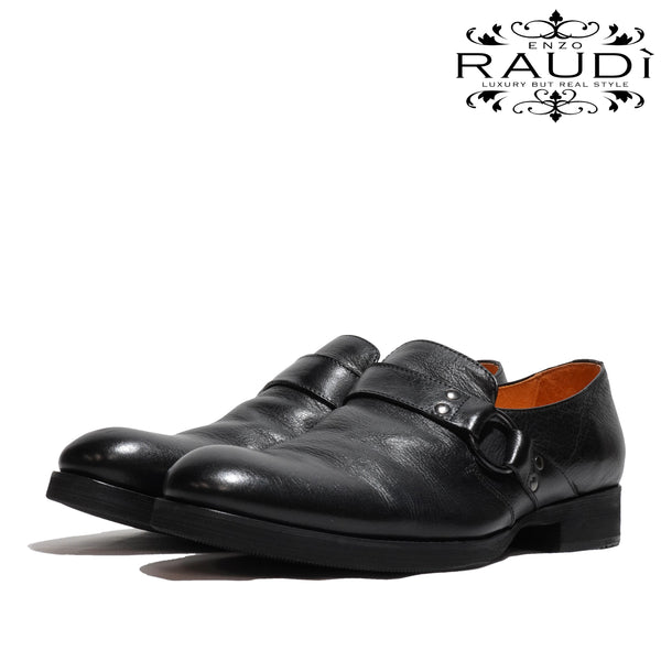 ラウディ レザーシューズ 革靴 RAUDI R-33102 レザー 本革 ロングノーズ スリッポン 細身 紐無し ブラック BLACK 23SS